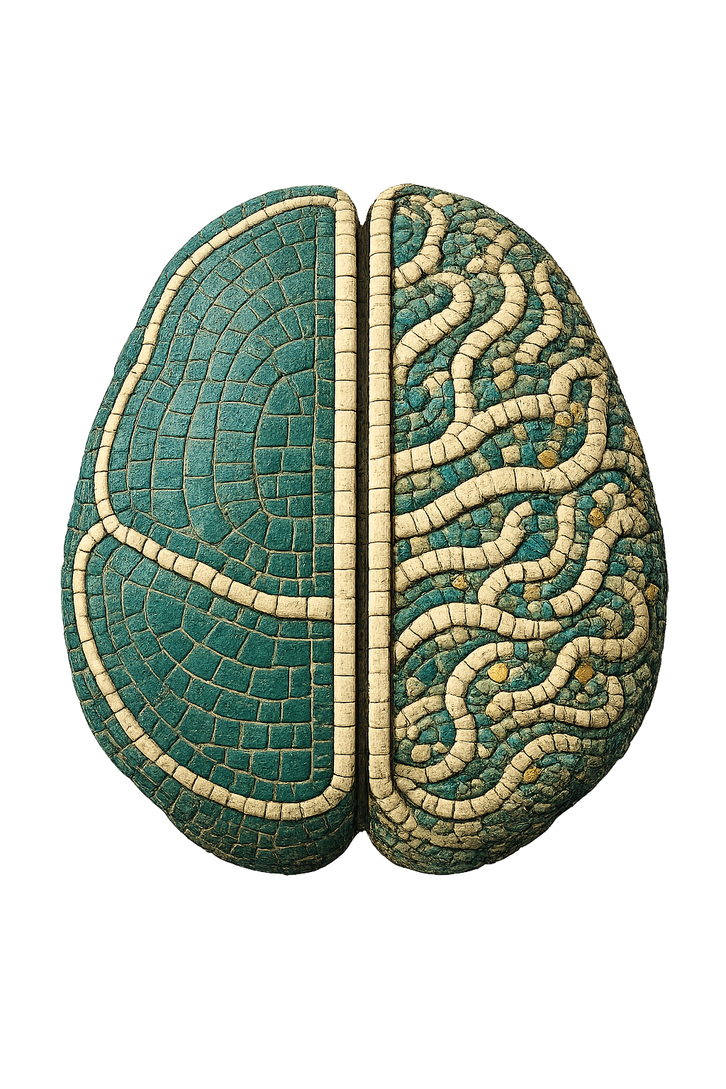 An illustration of a brain viewed from above, split into left and right hemispheres