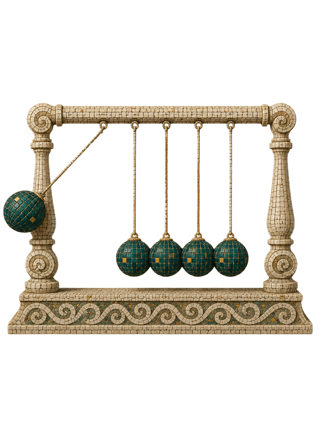 A Newton's cradle, one sphere raised mid-swing