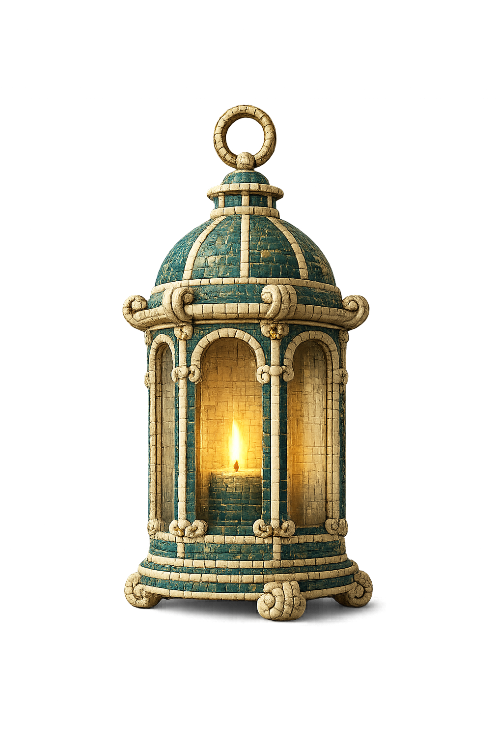 A lantern with glass sides, its flame glowing steadily within