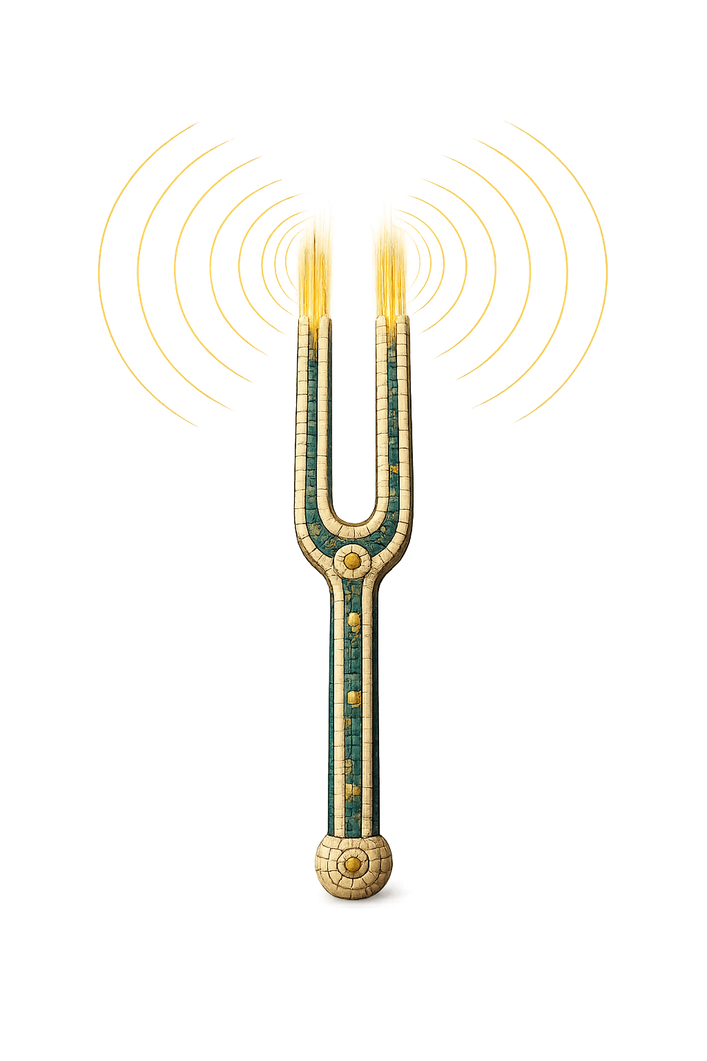 A tuning fork, struck, with sound ripples emanating outward