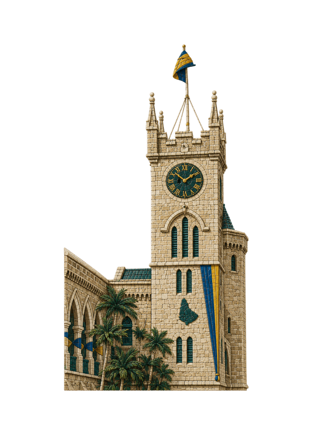 A mosaic of the Barbados Parliament Buildings, its clock tower and flag rising above palm trees
