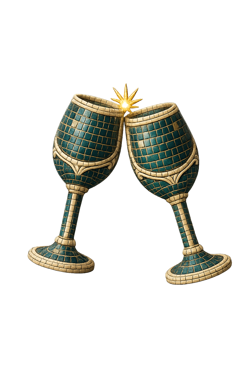 Two mosaic glasses meeting in a toast, a gold spark where they touch